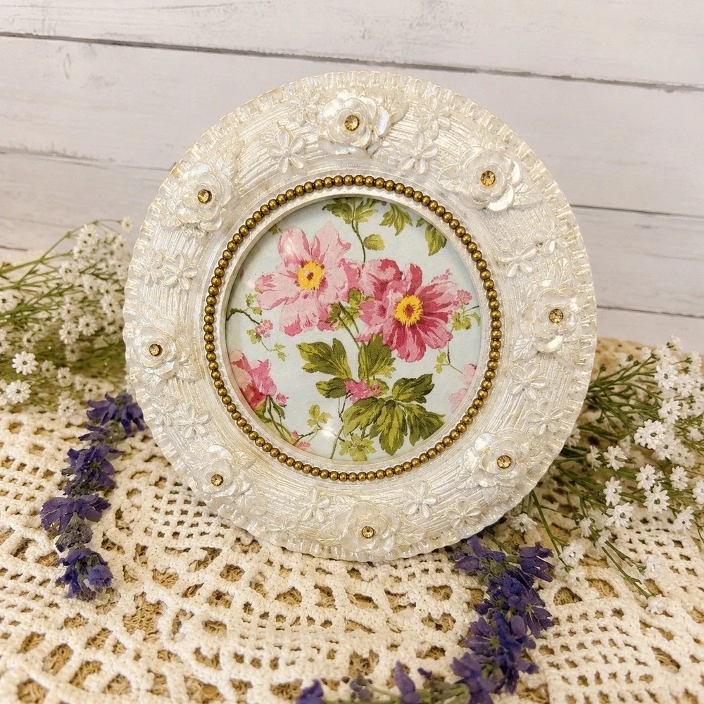 Vtg Style White Floral Round Picture Frame Cottage Decor Rhinestone Gold Accents